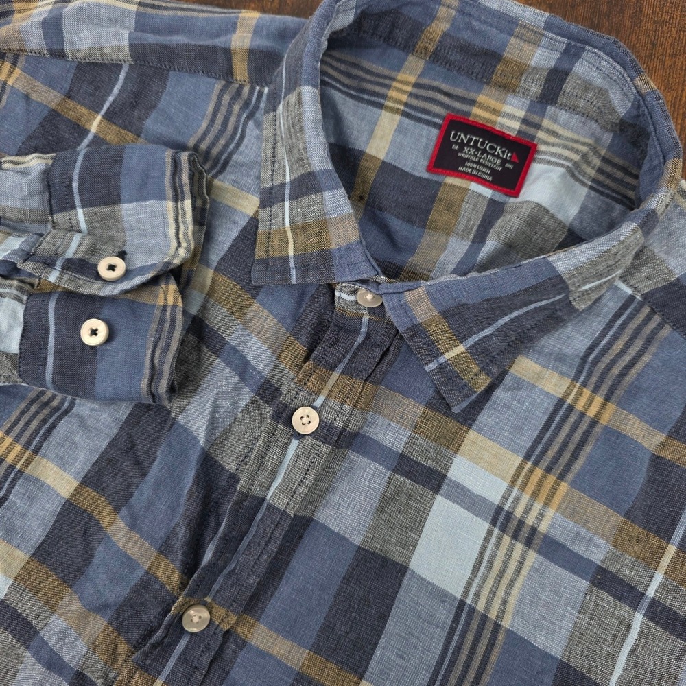 UNTUCKit Tribuno Long Sleeve Plaid Blue 100% Linen Wrinkle Resistant Mens‎ XXL